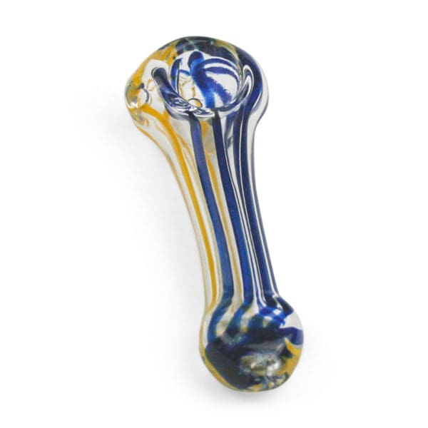 Blue and yellow striped glass pipe.