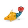 Glass fish pipe with yellow, blue, and white.