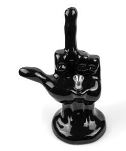 Middle finger bong made of ceramic with black glaze finish showing bowl.