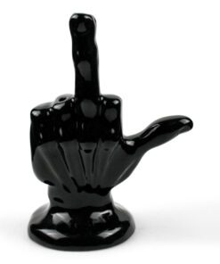 Middle finger bong made of ceramic with black glaze finish.