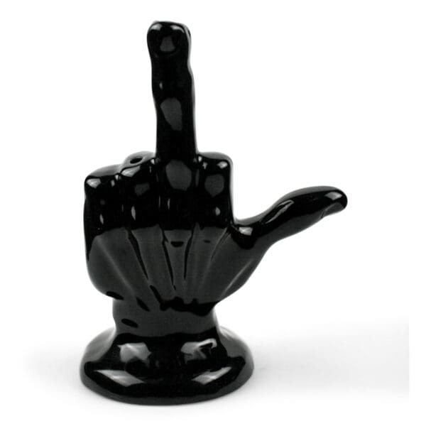 Middle finger bong made of ceramic with black glaze finish.