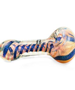 Zong blue spiral large pipe laid on side.