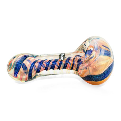 Zong blue spiral large pipe laid on side.