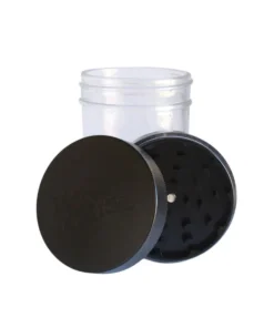 Clear glass stash jar with a black lid with grinder.