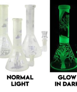 Glow in the dark water pipe showing daylight and dark versions.