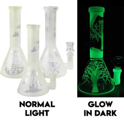 Glow in the dark water pipe showing daylight and dark versions.