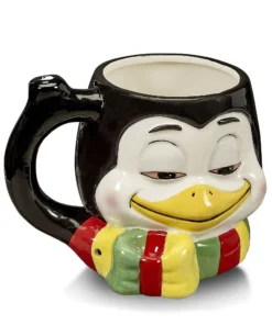 16 oz Wake and bake mug with a stoned penguin with bloodshot eyes.