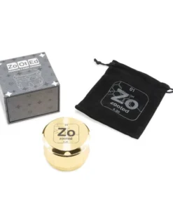 Zooted brandz metal grinder in gold with velvet pouch and gift box.
