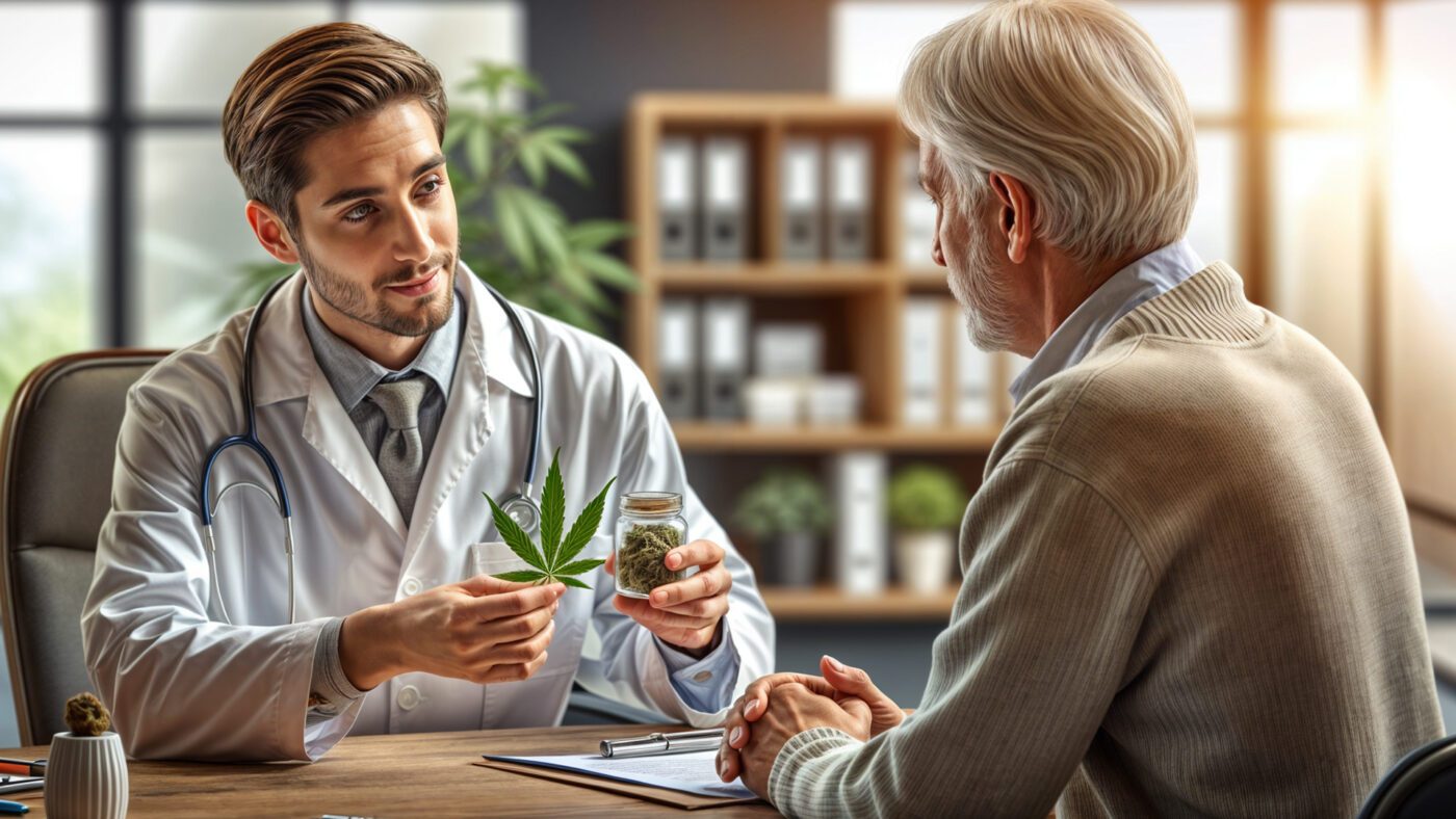 Ai image of a Doctor speaking with his patient about cannabis and cannabinoids.