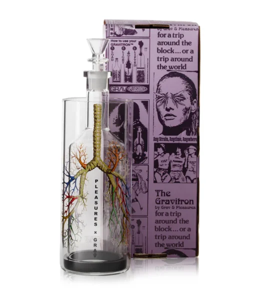 Gravitron gravity bong with an image of a lung on it and the packaging.